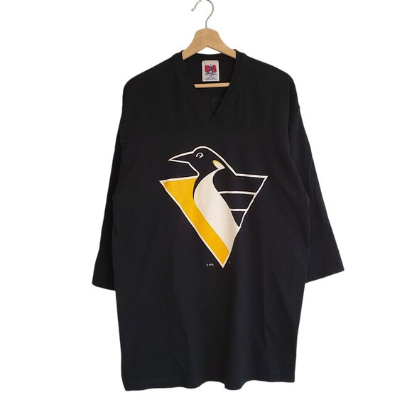 Vintage 90s Pittsburgh Penguins Hedburg #1 cotton jersey shirt black size XL - Picture 1 of 6